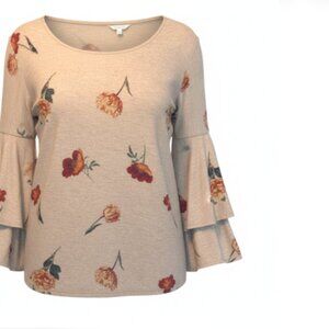 Lucky Brand Women’s Blouse Size M Beige Floral Boho Peasant Tier Sleeve Pullover